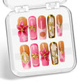 Handmade Press on Nails Long Square Fake Nails French False Nails with Golden Rose & 3D Flower Luxury Pearl Bow Thickened Acrylic Nails Design Full Cover Flower Press on Nail for Women Nail Art（S)