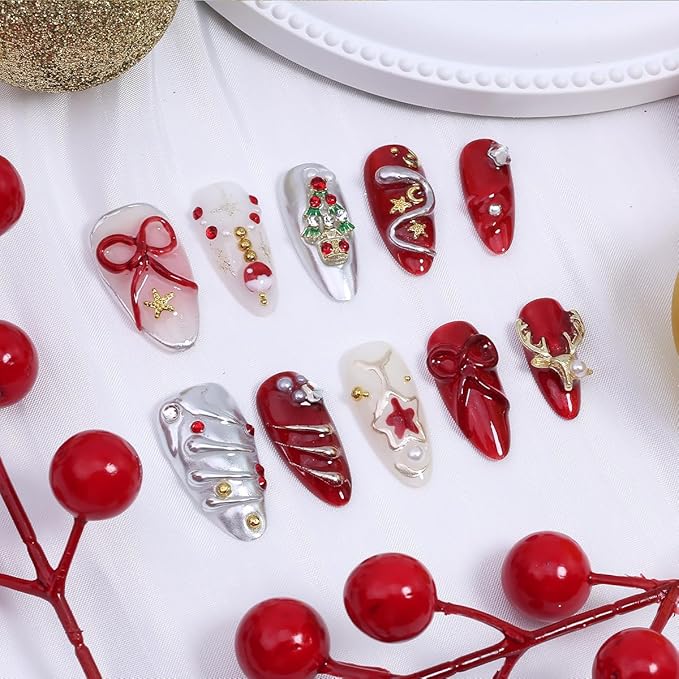 10Pcs Christmas Handmade Press on Nails Medium Almond Fake Nails Red Silver Y2k False Nails with Elk Xmas Trees Gems Design 3D Bow Star Stick on Nails Winter Glitter Full Cover Glue on Nail for Women