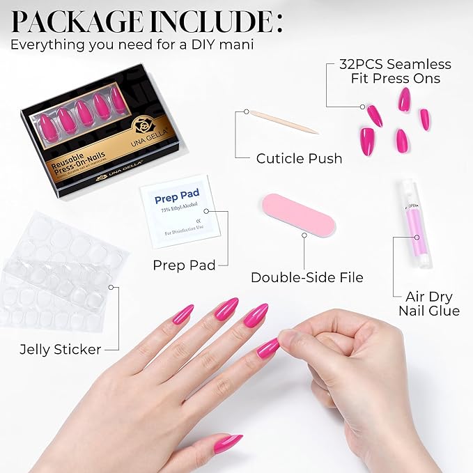 UNA GELLA Soft Gel Press on Nails - 32Pcs 16 Sizes Hot Pink Almond Fake Nails, Glossy Reusable Glue on Nails for Women, Durable Long Artificial False Nails Kit for DIY Manicure