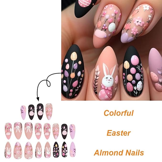 24 Pcs Easter Press on Nails Medium Almond Shaped Fake Nails Pink Black Matte False Nails Easter Eggs Cute Bunny Designs Full Cover Spring Flower Acrylic Nails for Women Manicure Decorations