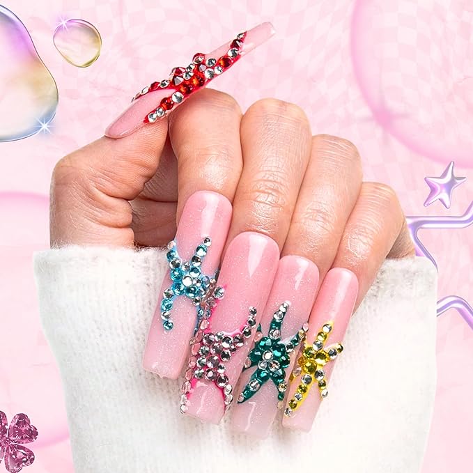 LOVFUL Mid Length Press on Nails Starshine | Handmade Acrylic Press ons | Reusable Fake False Nails | Square Mid Length 1.7 in | H261-L