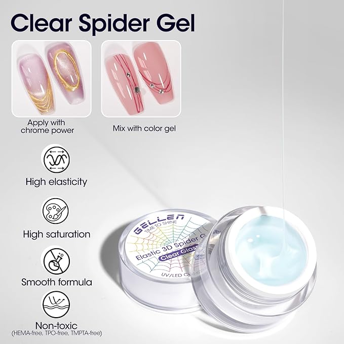 GELLEN Clear Spider Gel for Nails, High Elastic Soak off Gel Polish, Mixed with Color Gel, Match with Chrome Power, Long Lasting 3D Nail Art Design, Beginner-friendly, Curing Required