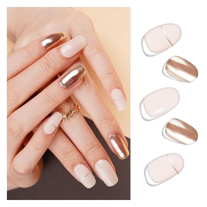 DANNI & TONI Semi Cured Gel Nail Strips Beige (Nude Glow) Gold Mirror Gel Nail Wraps Accent Nails 28 Stickers