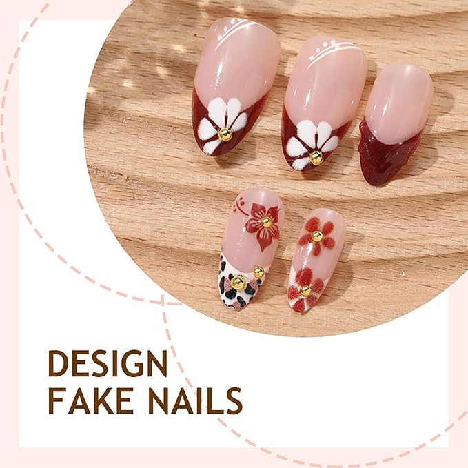 French Tip Press on Nails Medium Almond MABKJLF Fake Nails 3D False Nails with Flower Cherry Leopard Print Gold Ball Designs Glossy Glue on Nail Full Cover Acrylic Nails for Women Girls 30Pcs
