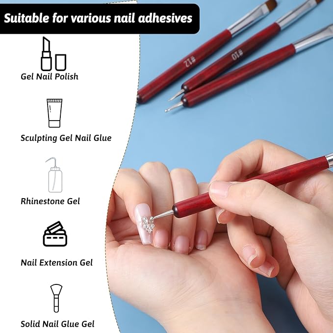 4 PCS Gel French Tip Nail Brush, 2-Way French Manicure Brush for Nails, Wooden Handle French Tip Tool, Nail Brushes for Nail Art Design Professional Manicure(10# 12# 14# 16#, Red)