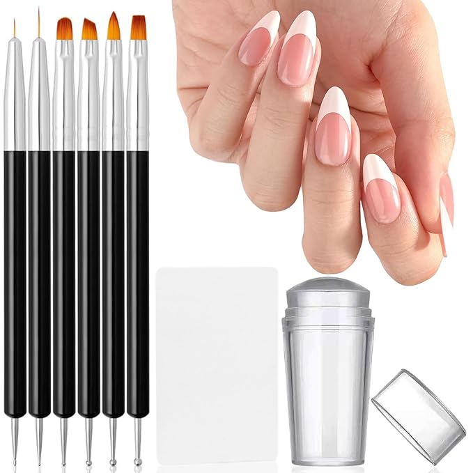 French Tip Nail Stamp Set, Clear Silicone Nails Stamping Jelly Stamper with Scraper & 6Pcs Double Head Nail Art Brushes for DIY& Salon Manicure Art