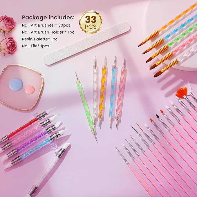 Nail Art Brushes Set: Nail Art Tools with 15Pcs Nail Design Brushes, 5Pcs Dotting Tools, 5Pcs Silicone & Sculpting Brushes, Resin Palette, Brush Holder, Nail File for Painting Nails