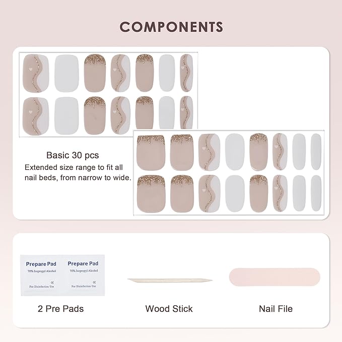 Semi Cured Gel Nail Strips – Real Gel Nail Polish Wraps for Brittle Nails | Waterproof Long Lasting Easy Peel-Off Removal | Hema-Free | White Pattern Salon Sticker Kit with File & Stick