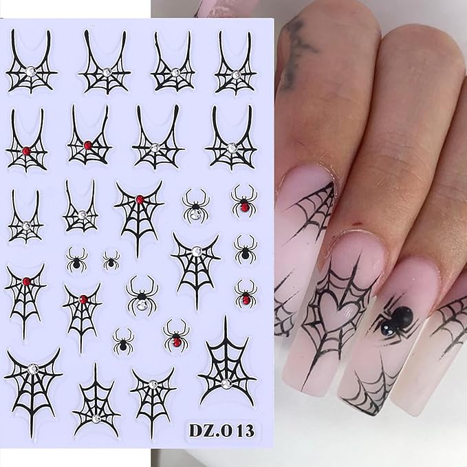 3D Spider Rhinestones Nail Art Stickers Decals Halloween Nails Sticker Black White Gold Silver Rainbow Spider Web Nails Decals Self-Adhesive Spider Nail Art Decal for Women Halloween Decor (5 Sheets)