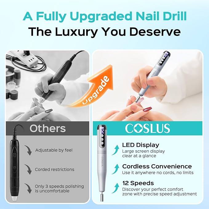 COSLUS C50 Cordless Electric Nail Drill : 12-Speed Professional Nail File with LED Display for All Manicure Shaping & Gel Removal, Nail Art Practice Essentials, Home DIY & Portable Travel Use, Grey
