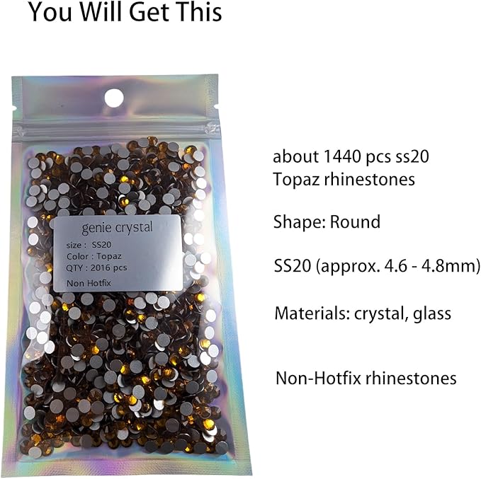 Genie Crystal ss20 Topaz Flatback Rhinestones 1440 Pcs Pack, 5mm Gold Glass Rhinestone for Bling Tumbler, Shoes,Clothing, Costume, DIY Decoration