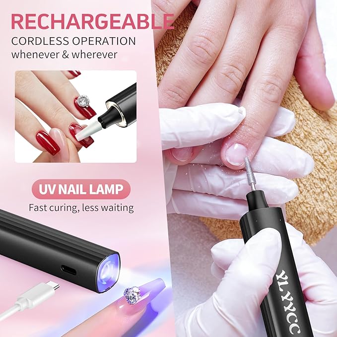 Cordless Nail Drill Electric File with UV Nail Lamp:Professional for Acrylic Gel Dip Powder Nails Portable Nail Drill Machine Kit for Manicure Pedicure Nail Set Rechargeable Lightweight (Black)