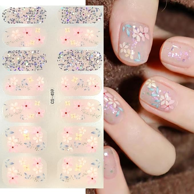 Spring Gel Nail Stickers 4 Sheets Flowers Nail Polish Strips Summer Cute Cherry Blossom Floral Design Nail Art Supply Self-Adhesive Long Lasting Nail Polish Wraps Full Wrap Nail Strips for Women