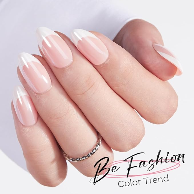 Modelones Chrome French Tip Press on Nails Almond, Short Almond Fake Nails, Nail Kit with Nail Glue Adhesive Tabs Mini Nail File, Nails Press Ons 32Pcs16 Sizes, Women Girl Gift