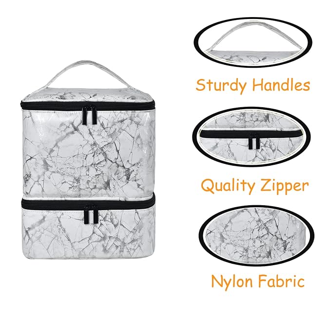 Nail Polish Organizer - Holds 30 Bottles & Nail Lamp, Double-Layer Nail Organizers and Storage, Nail Polish Bag with Handle Nail Travel Case for Nail Tech (White)