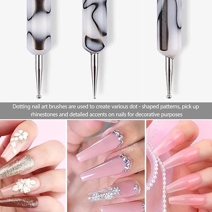 3Pcs Double Head Nail Art Brushes & Dotting Tools Kit (White), French Tip Nail Brush Set, Builder Gel Nails, DIY Acrylic Nail Design Tool for Salon & Home Manicure Beginners/Artists