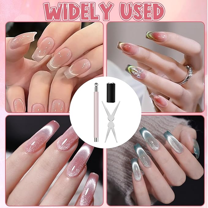 3Pcs Cat Eye Magnet for Nails - 3-in-1 Nail Art Magnet Kit with Scissor & Cylinder Magnets to Create Glass Beads, Wide & Curved Cat Eye Gel Polish Designs, Great for Salon & DIY Manicure