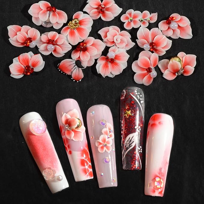 30PCS 3D Handmade Flower Nail Art Charms Advanced Handcrafted Cherry Blossom Flower Colorful Sculpted Floral Nails with Rhinestone Caviar Beads Design for Women Profession Nail Art Craft Jewelry