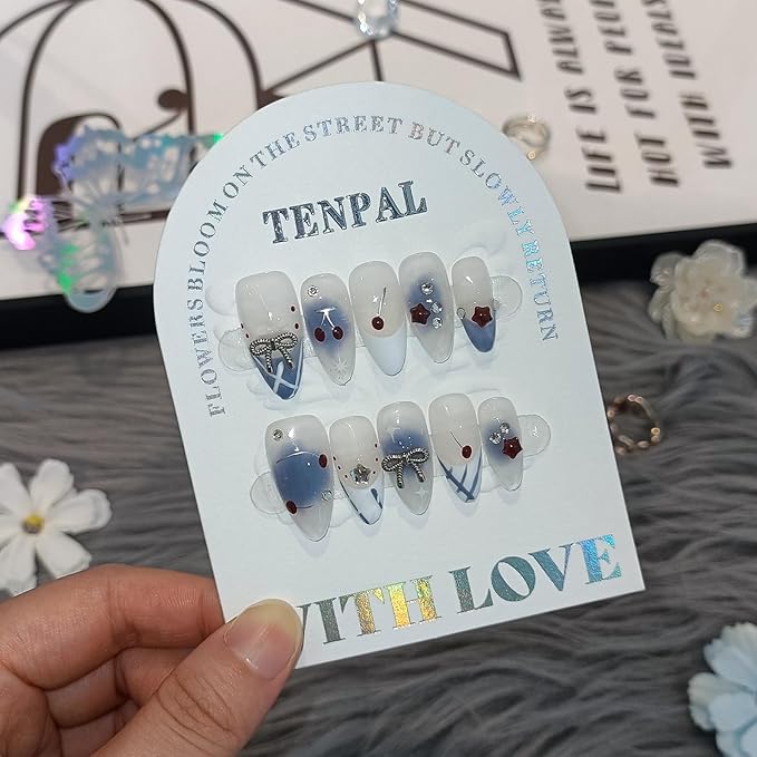 Light Blue White French Press on Nails Medium Almond with 3D Charms Bow Rhinestone Cherry,10Pcs Sweet Girls Summer with Full KitM)