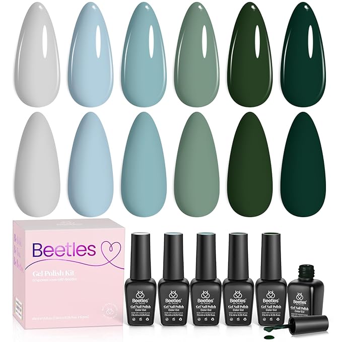 Beetles Green Gel Polish Set - 6 Colors Dark Green Baby Blue Gray Spring Color Gel Nail Polish Misty Soak Off DIY Home Uv Nails Gifts for Women Girls st patricks day