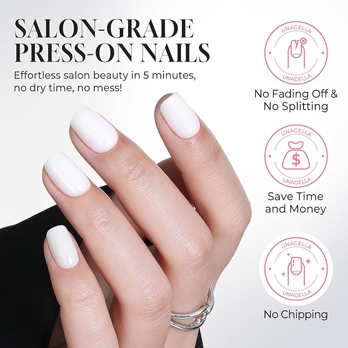 UNA GELLA Soft Gel Press on Nails - 32 Pcs 16 Sizes Glossy Milky White Short Square Fake Nails with Glue & Adhesive Tabs, Reusable Full Cover False Nails Kit, Salon Quality DIY Manicure Set