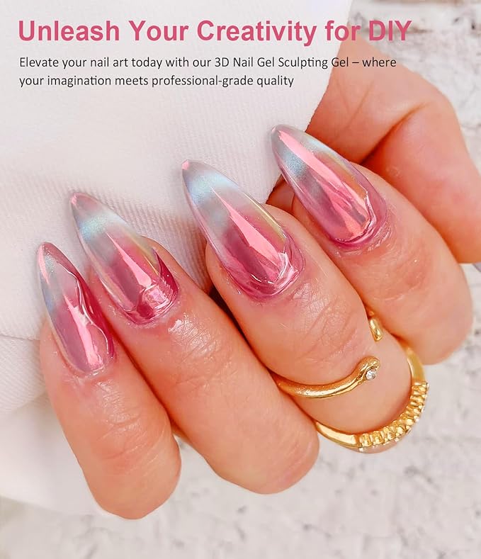 Rose Gold Chrome Nail Powder - 15g 3D Nail Gel with White Pink Nail Chrome Powder Non-Sticky Clear 3D Sculpting Gel Hand Hard Gel Carving Gel for Nail Art Home DIY