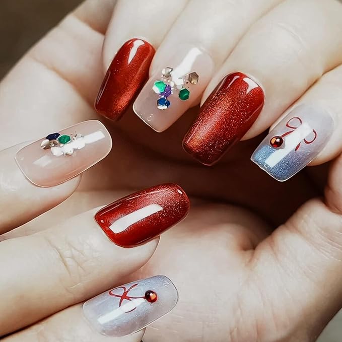 Valentine Red Press on Nails Short Coffin - Red Cat Eye & Glitter Blue with Bow Multi-colored Decorative Accents New Year Fake Nails for Winter Holiday(Holiday Wishes,M)