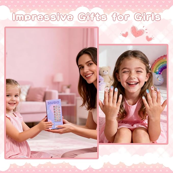 SIUSIO 3Pack Children Acrylic Fake Nails, 72pcs Press on Full Cover Glitter Gradient Color Short Almond False Nail Art Kits Set with Sticker Tabs Nail Glue Gel for Kids Little Girls - Summer Ocean