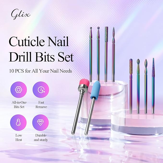 Rainbow Diamond Cuticle Bit Set for Nail Drill - 10Pcs 3/32" Nail Prep Bits with Flame Ball Needle Bit, Safety Silicone Buffer & Cleaning Brush for Beginner