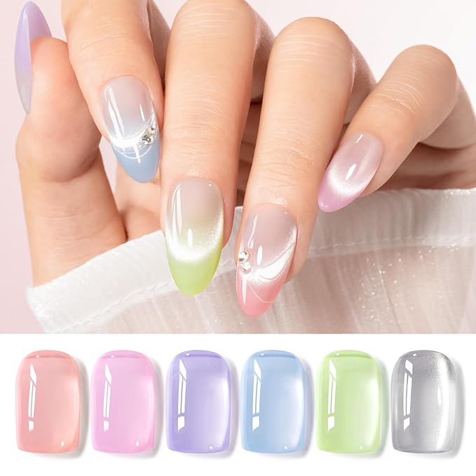 GELLEN Jelly Pastel Gel Nail Polish Set, Glass Cat Eye Gel Nail Polish with Magnets Translucent Sheer Jelly Red Pink Purple Blue Green, Long Lasting for Salon Nail Art at Home
