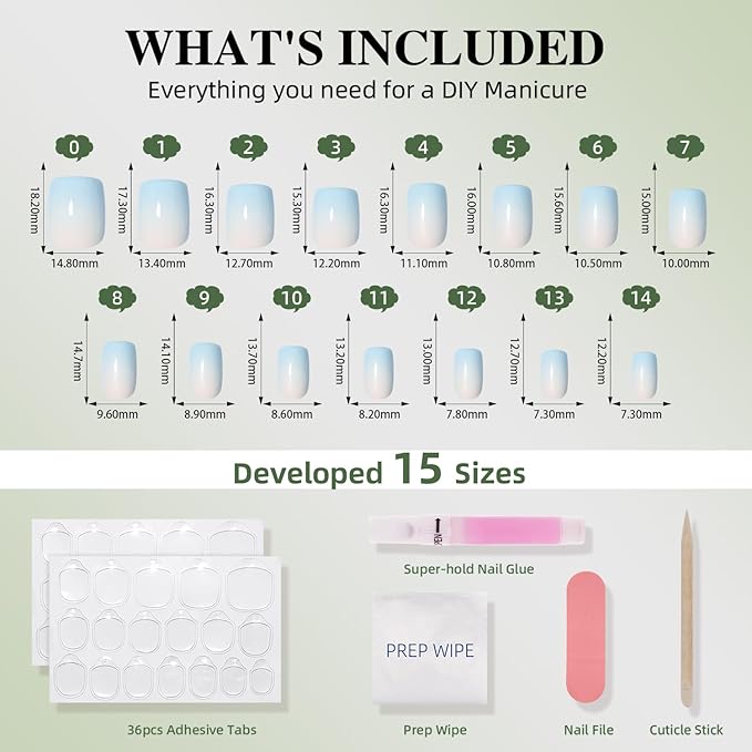 Ombre Press On Nails Square - Light Blue Short Square Fake Nails, Blue Press On Nails Reusable Stick On Nails in 15 Sizes, 30pcs False Nail Kit for Women & Girls (Blue Ombre)
