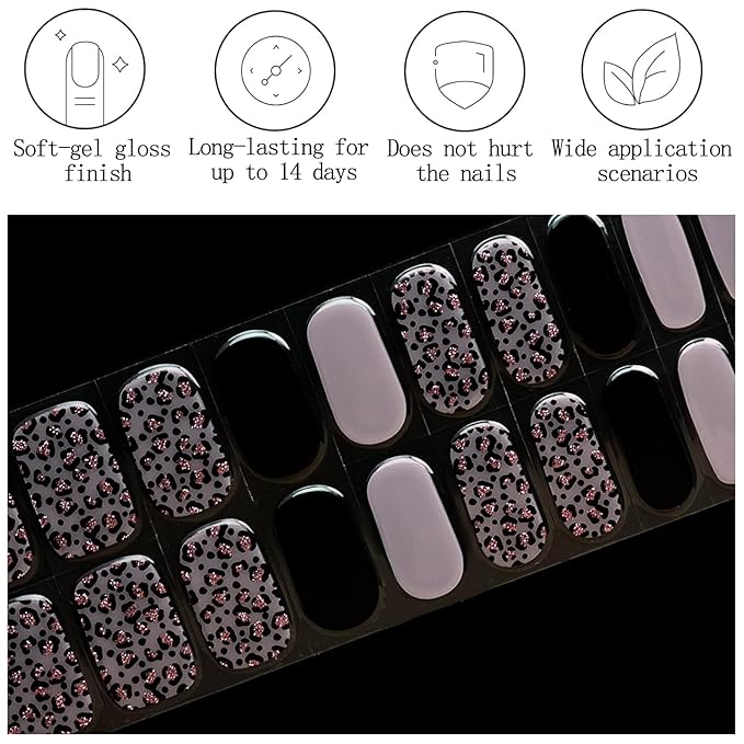 Black Pink Semi Cured Gel Nail Strips 20Pcs Leopard Gel Nail Stickers UV/LED Light Needed Full Polish Self Adhesive Nails Wraps with Design Glossy Nails Polish Strips for Women