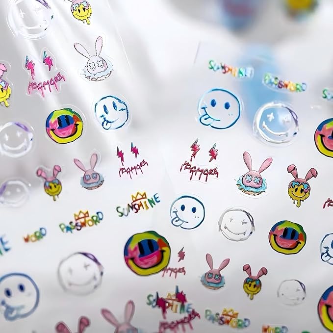 Dedyel Smile Nail Art Stickers 5D Embossed Cute Smile Face Kawaii Self-Adhesive Nail Stickers for Women Girls Kids Nail Art Decoration