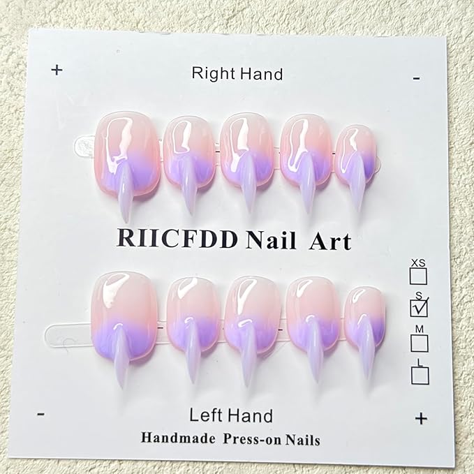10 Pcs Curved Press on Nails Stiletto Medium Cat Claw Handmade Nails Press Ons Unique 3D Purple French Tip Cat Claw False Nails Thick Gradient Designs Stick on Nail Reusable Glossy Acrylic Nail (S)