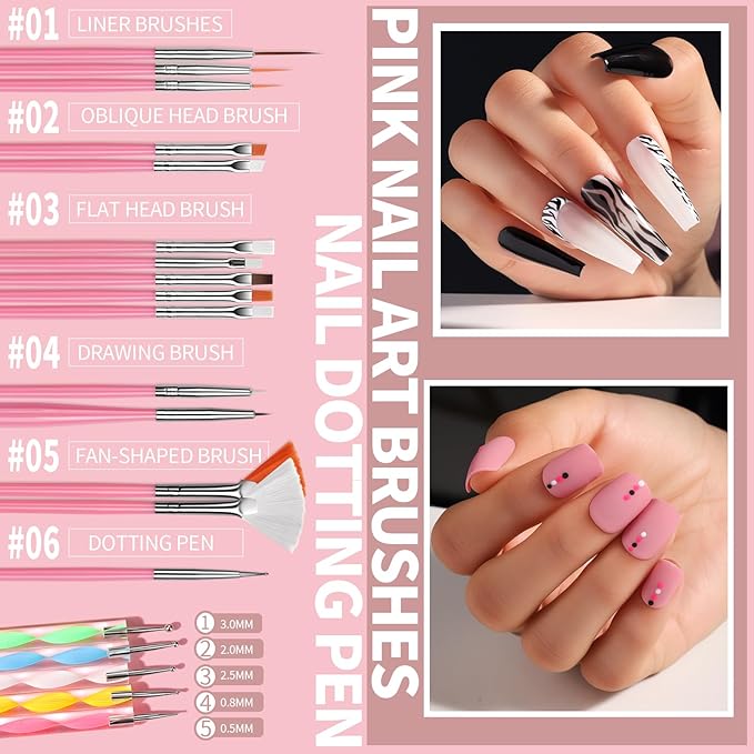 FANDAMEI Nail Art Brushes Set, Nail Art Kit, Nail Design Kit, Nail Dotting Tools, Nail Kit for Beginners, Chrome Nail Powder, Nail Stickers, Nail Rhinestones, Nail Charms Gems Nail Art Decoration Kit