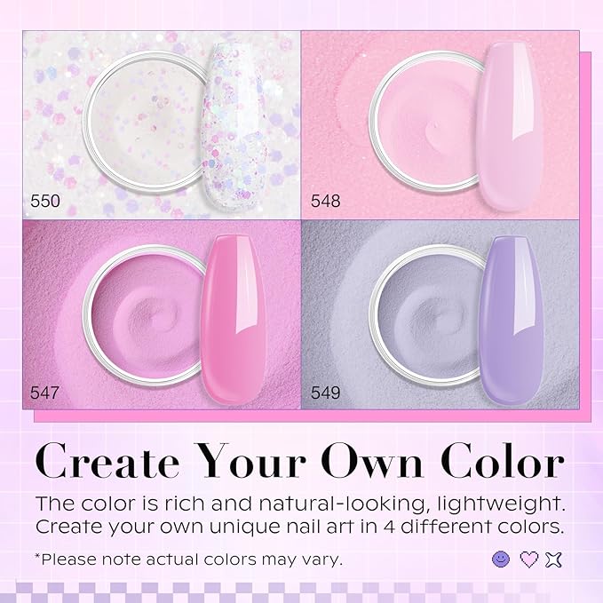 AZUREBEAUTY Dip Powder Nail Kit Starter, Pastel Lavender Pink Glitter, 4 Colors Spring Summer Dipping Powder Set, French Nail Art Base Top Activator Liquid Manicure DIY Salon