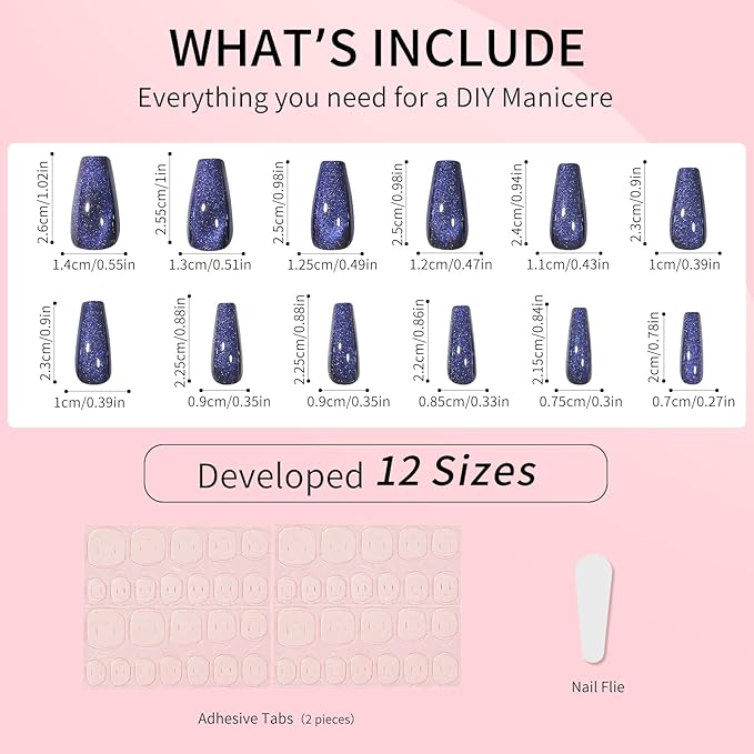 Dark Blue Cat Eyes Press On Nails,12 Sizes - 24 Pcs Soft Gel Blue Medium Coffin Fake Nails Kit with Nail Glue, Natural Reusable Stick On False Nails for Women and Girls SK0999