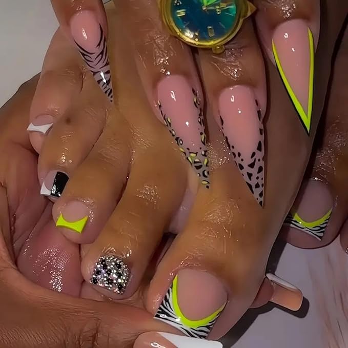 Leopard French Tips Press on Nails Long Almond Fake Nails with Green Striped Design Zebra French Tips Press on Toenails Rhinestones False Toenails Short Square Fake Toenails for Women Manicure 48Pcs
