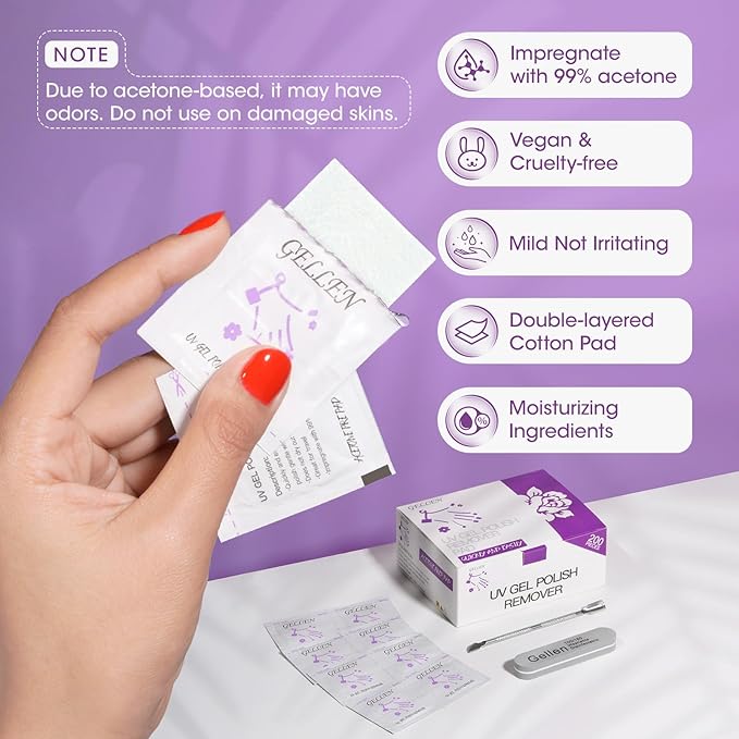 GELLEN Acetone Gel Polish Remover Pads, Professional Nail Polish Remover Pads, 200 Pack Travel Bulk Set with Tools, Individually Wrapped Quick & Effective Soak Off Remover for Salon Home