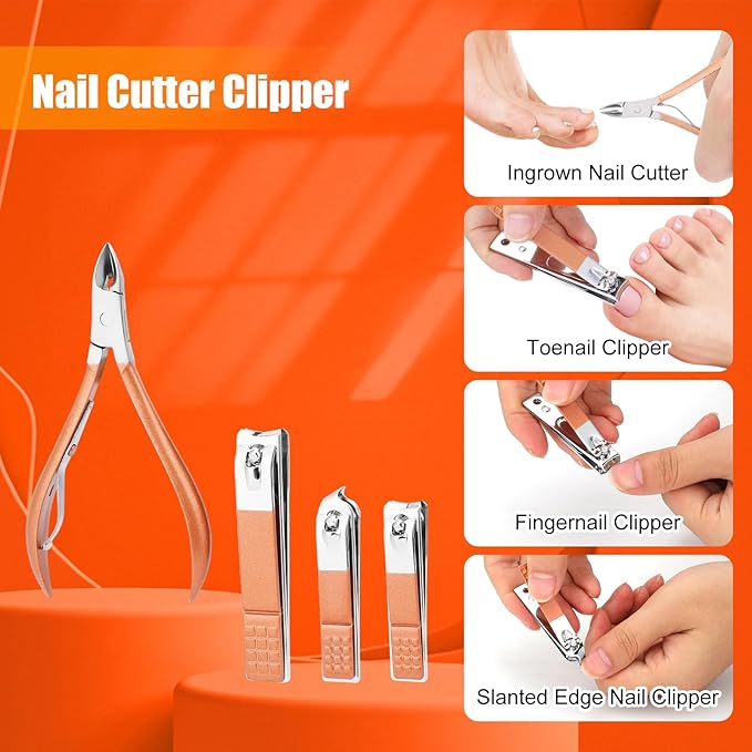 Professional Nail Care Kit - 18-Piece Manicure Set with Stainless Steel Ingrown Nail Toenail Cuticle Cutter Clipper Pedicure Kit,Grooming Kits with Portable Travel Case.(Rose Gold)