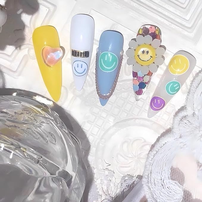 Dedyel Smile Nail Art Stickers Cute Nail Stickers Cartoon Nail Stickers 5D Embossed Smile Face Nail Stickers Kawaii Self-Adhesive Nail Stickers for Women Girls Kids Nail Art Decoration