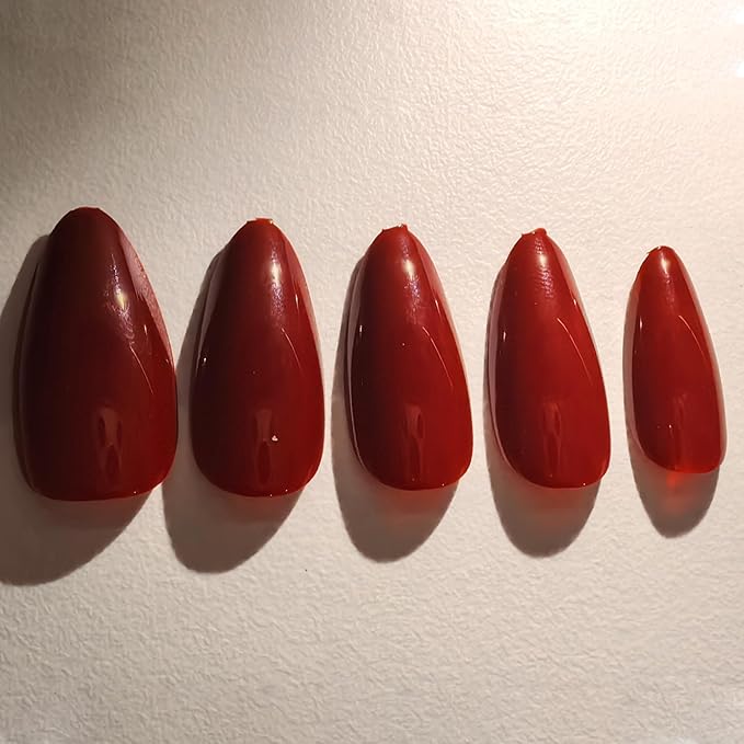 GLAMERMAID Cherry Red Press on Nails Medium Almond, Handmade Jelly Soft Gel Dark Red Glue on Nails Stiletto, Burgundy Emo Fake Nails Short Oval, Reusable Acrylic Stick on False Nails Kit for Women