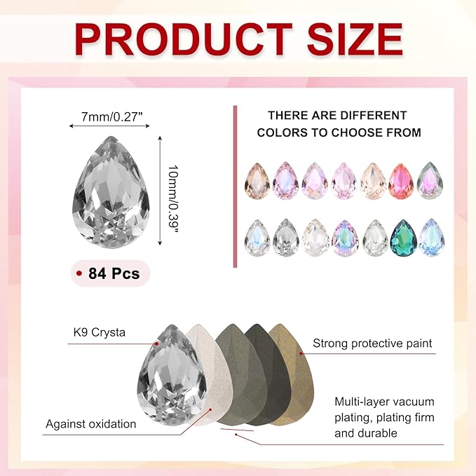 MECCANIXITY Teardrop Rhinestones 7x10mm, 84 Pcs Pointed Back K9 Glass Shiny Drop Shaped Rhinestones Crystal Gems for DIY Jewelry Making Crafts, Light Gray