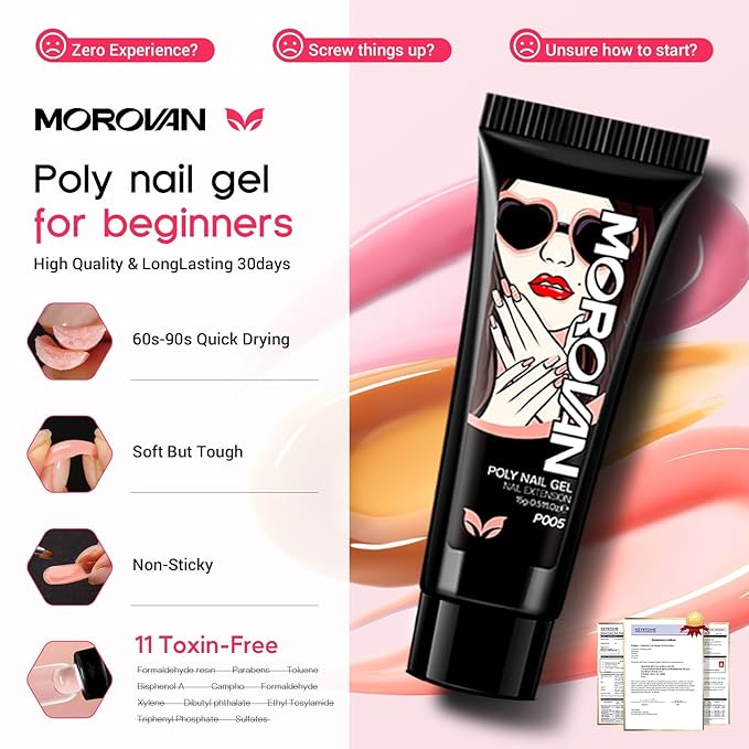 Morovan Poly Gel Nail Kit: All-in-One Beginners Practice Full Set With UV light & Slip Solution For Teens Nail Extension Gel Kit Starter At Home User Friendly & Salon Results for Home Manicures