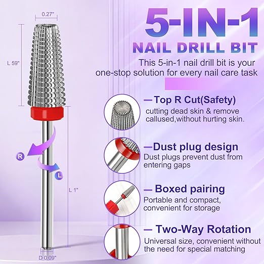 FANTEXY 3/32" Carbide Nail Drill Bits - 5 in 1 Cuticle Drill Bits for Nails, Gel Remover Drills Bit, Professional Nails File Bits for Old Skin and Nails, Manicure Pedicure Gel Polishing (Fine - F)