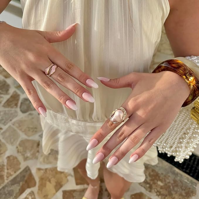 Press On Nails - Peony | Ombre French Tip, Long UV Finish Almond Nails, Salon Quality | 32 Nails, 16 Sizes Kit with Glue and Adhesive Tabs I Female Founded