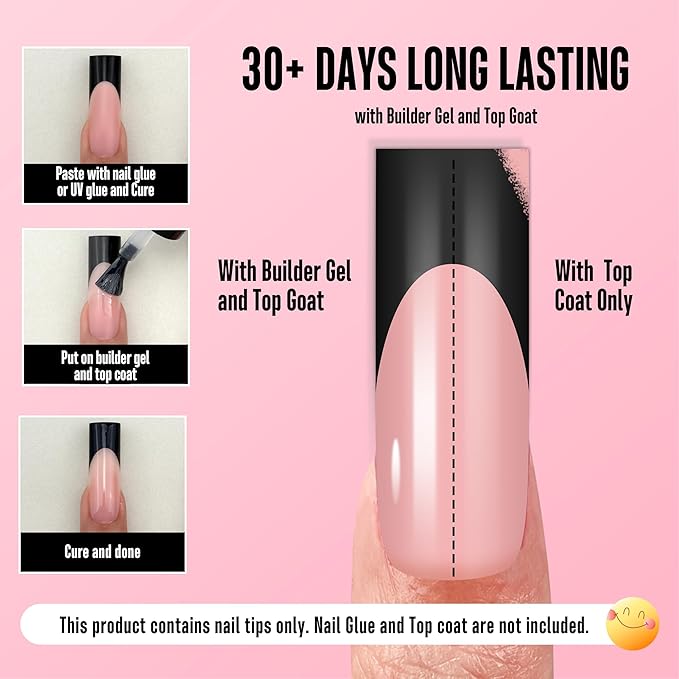 NOVO OVO Soft Gel Nail Tips Long Square - Black French Tip on Baby Pink Base, 180Pcs Full Cover False Nails for Gel X Extension, Sharp Shape Pre-Designed Press on Nails for DIY Home Salon (15 Sizes)