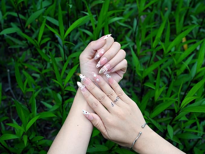 Valentine‘s Day Leopard Print Press on Nails - Gold Glitter French Tip & Bow Design, Medium Almond Nude Gradient Acrylic Fake Nails for Women (Sweet Leopard Chic, M)