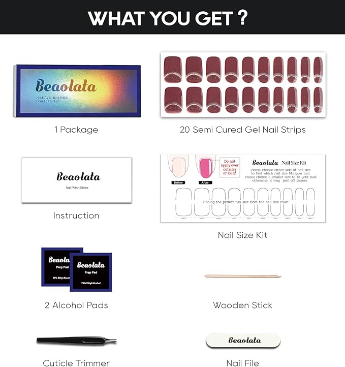 Semi Cured Gel Nail Strips - UV Light Gel Nail Stickers - 20 Long Lasting Salon Quality Wraps (Lunar Beam Red)