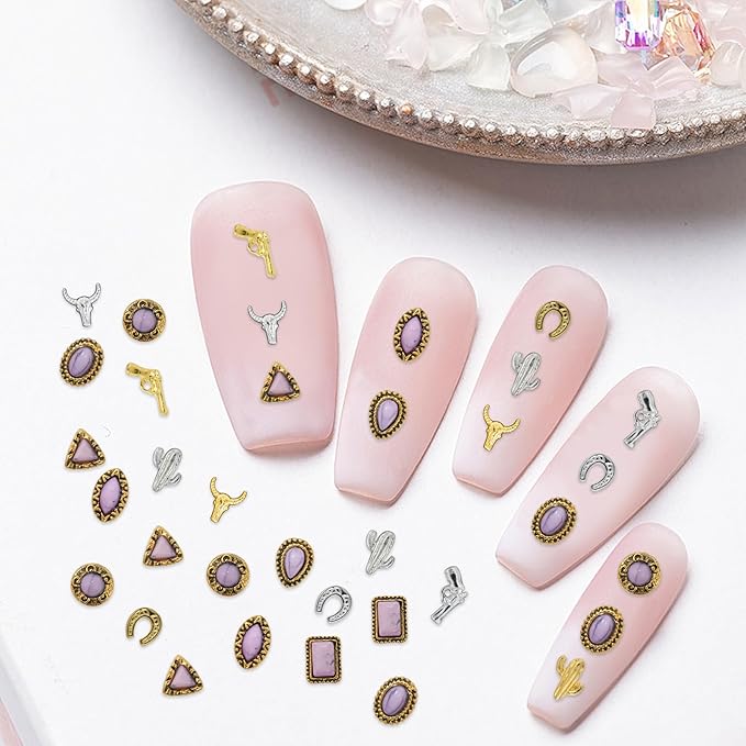 50 PCS Western Nail Charms - Purple Turquoise Nail Charms, Vintage Cowboy Cowgirl Western Art Gems Stickers, Retro Metal Gold Silver Art, Purple Multi-Shape Marble Gems Bulk DIY
